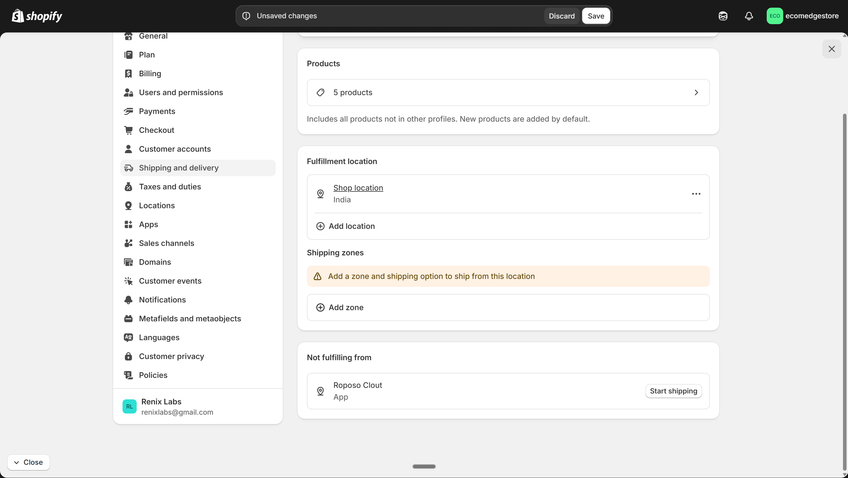 Shipping profile — Not fulfilling from location needs rates